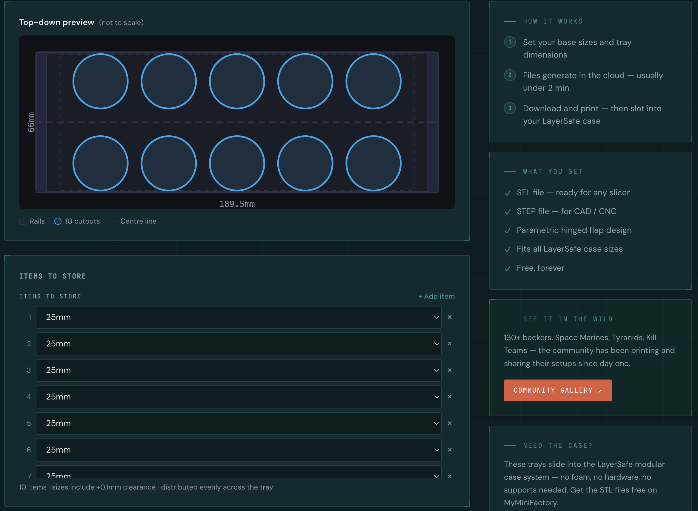 Traygen tray generator interface showing a top-down preview of a LayerSafe tray with circular cutouts