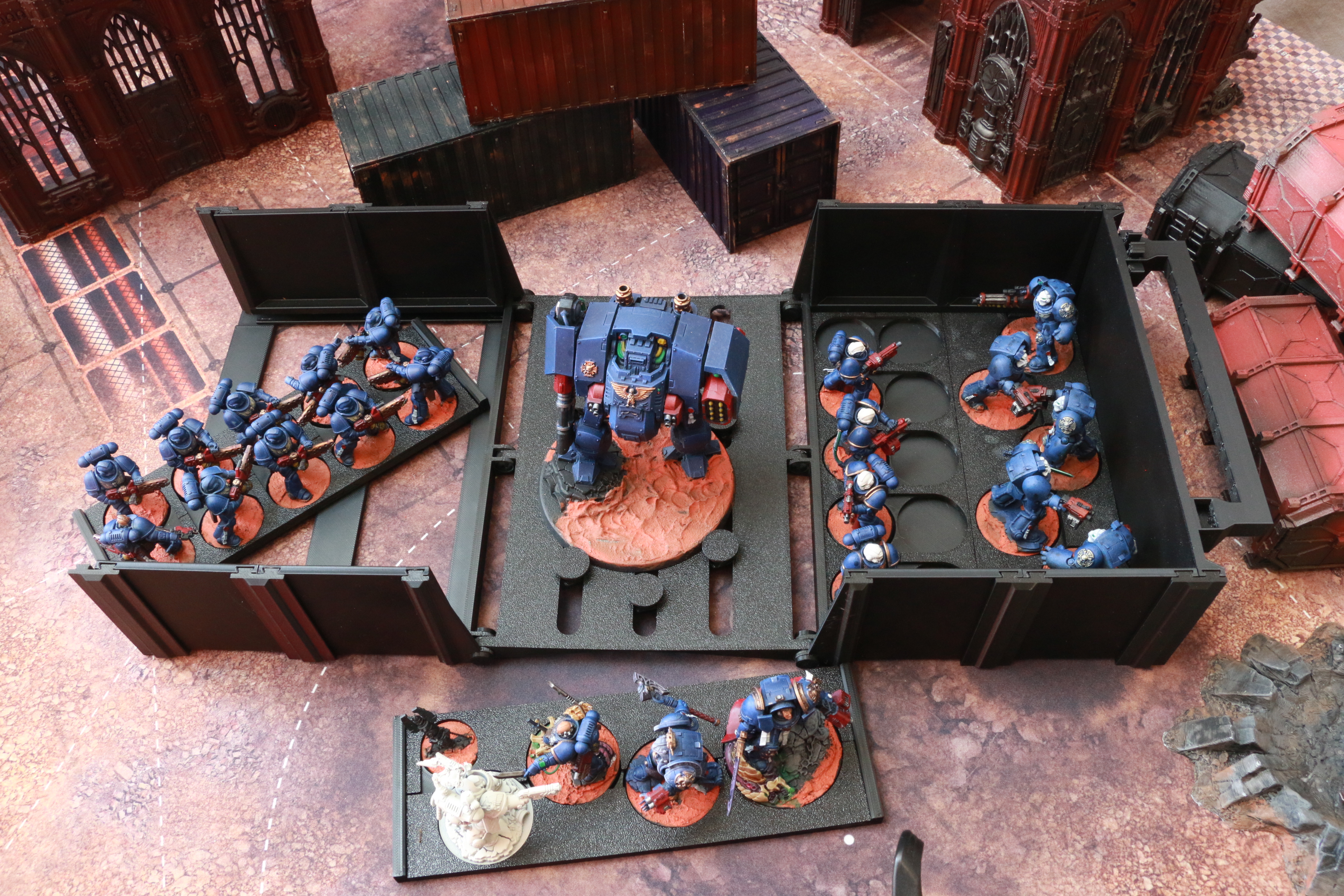 Overhead view of LayerSafe tray system with miniatures